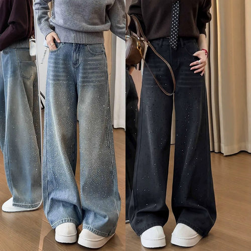 women american retro jeans wide leg denim pants爆闪亮钻阔腿