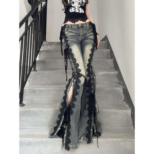 Lace Up Flare Jeans Slim Low Rise Split Bootcut Denim Pants