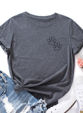 womens cotton tshirts girl tee tops脚印胸花宽松圆领短袖t恤女