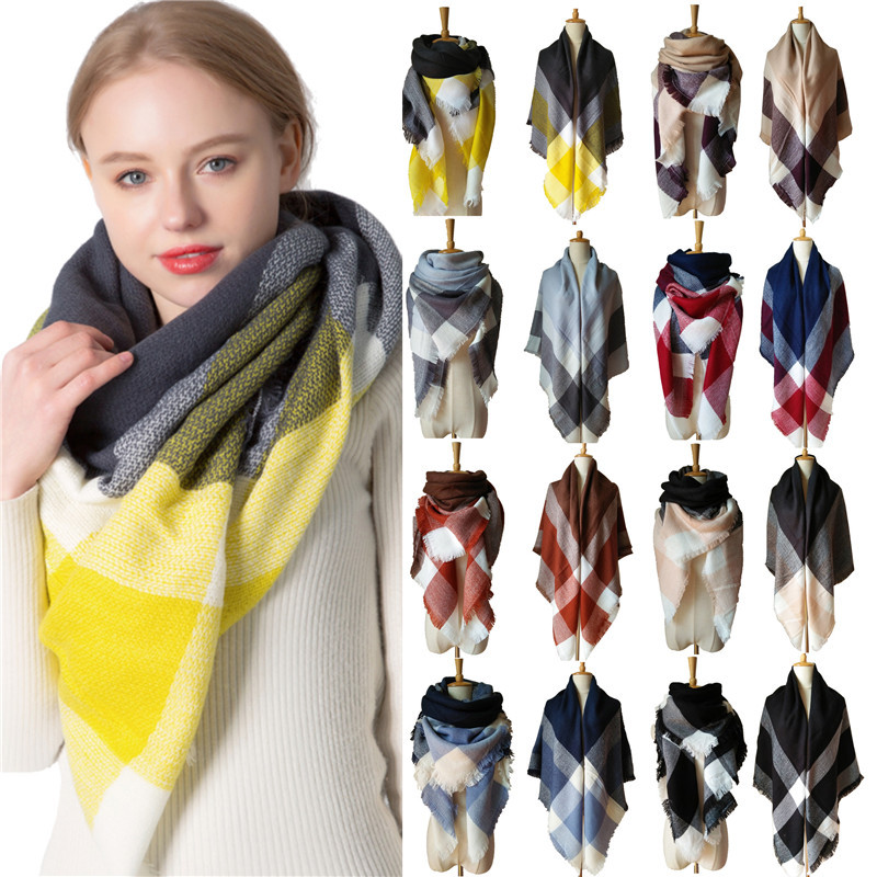 scarf shawl新款黄灰仿羊绒大格子方巾围巾女加大双面披肩桐庐
