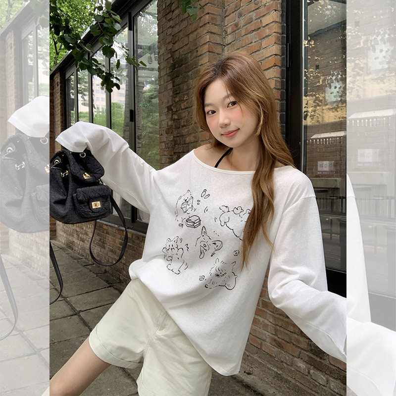 women sexy off shoulder t-shirt female crop top可爱小狗慵懒