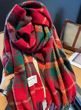 Women Scarf圣诞围巾女加厚红色大格子流苏披肩冬季双面保暖学生