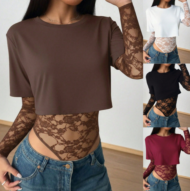 连体纯色露腰蕾丝上衣2026 Lace Patchwork Jumpsuits Bodysuit