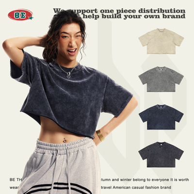 women's crop tshirt潮牌辣妹新款圆领做旧磨毛短袖t恤女短款露脐