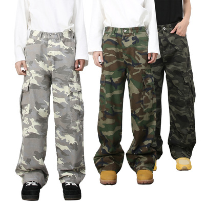 men's baggy jeans mannirn牛仔|美式vi复古迷彩大口袋工装牛仔裤