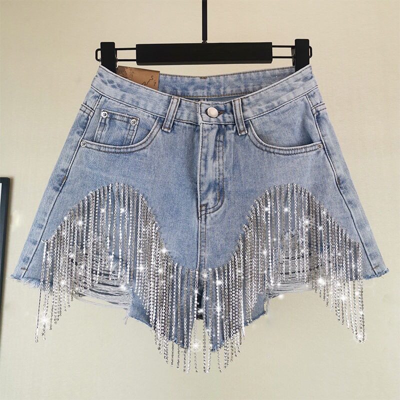 tassel denim shorts jeans 欧美新款女短裤流苏链条珍珠性感牛仔