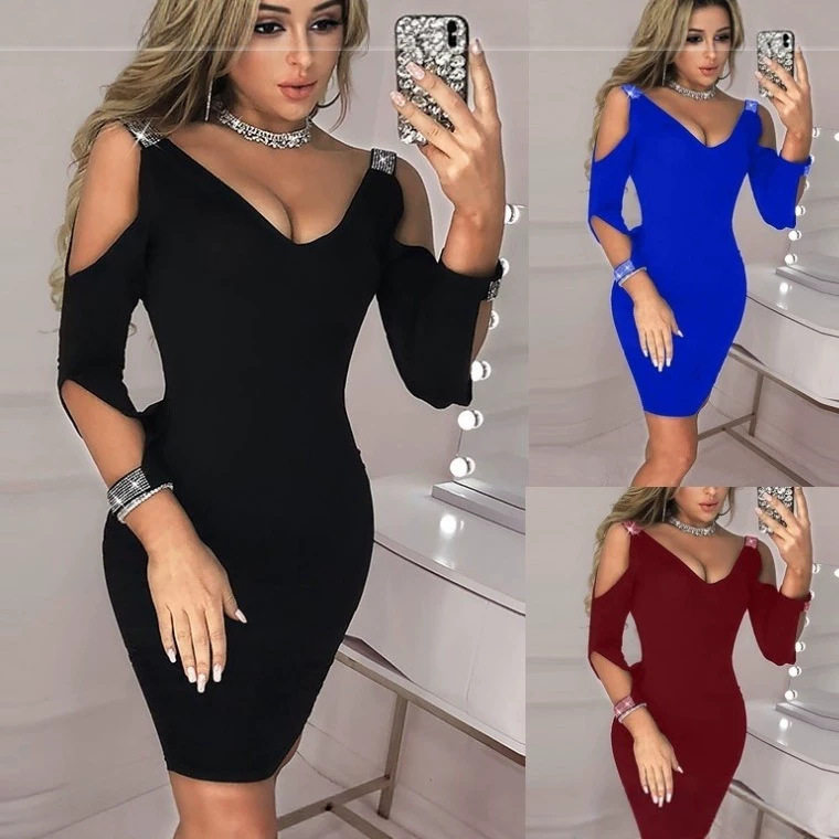 New Dress Women Elegant ladies Vestidos欧美纯色破洞露肩露背
