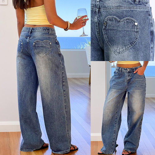 Denim Pant Women Jeans Mid Waist Trousers Loose Heart Pocket