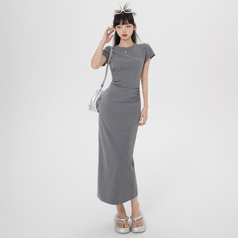 复古法式纯灰色短袖连衣裙