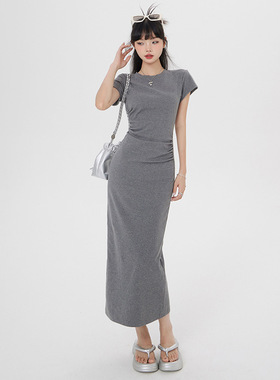 women long dress slim fit ladies复古法式纯灰色短袖连衣裙弹力