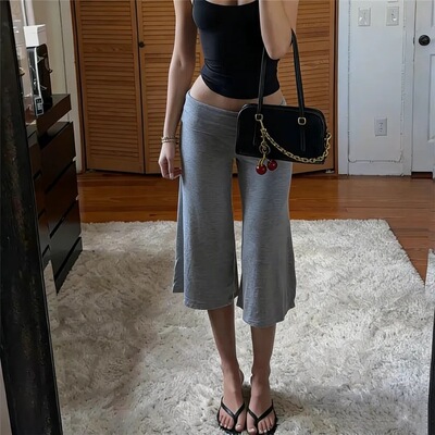 Women's Fold Over Waist Gaucho Pants Low Rise Cropped Capris