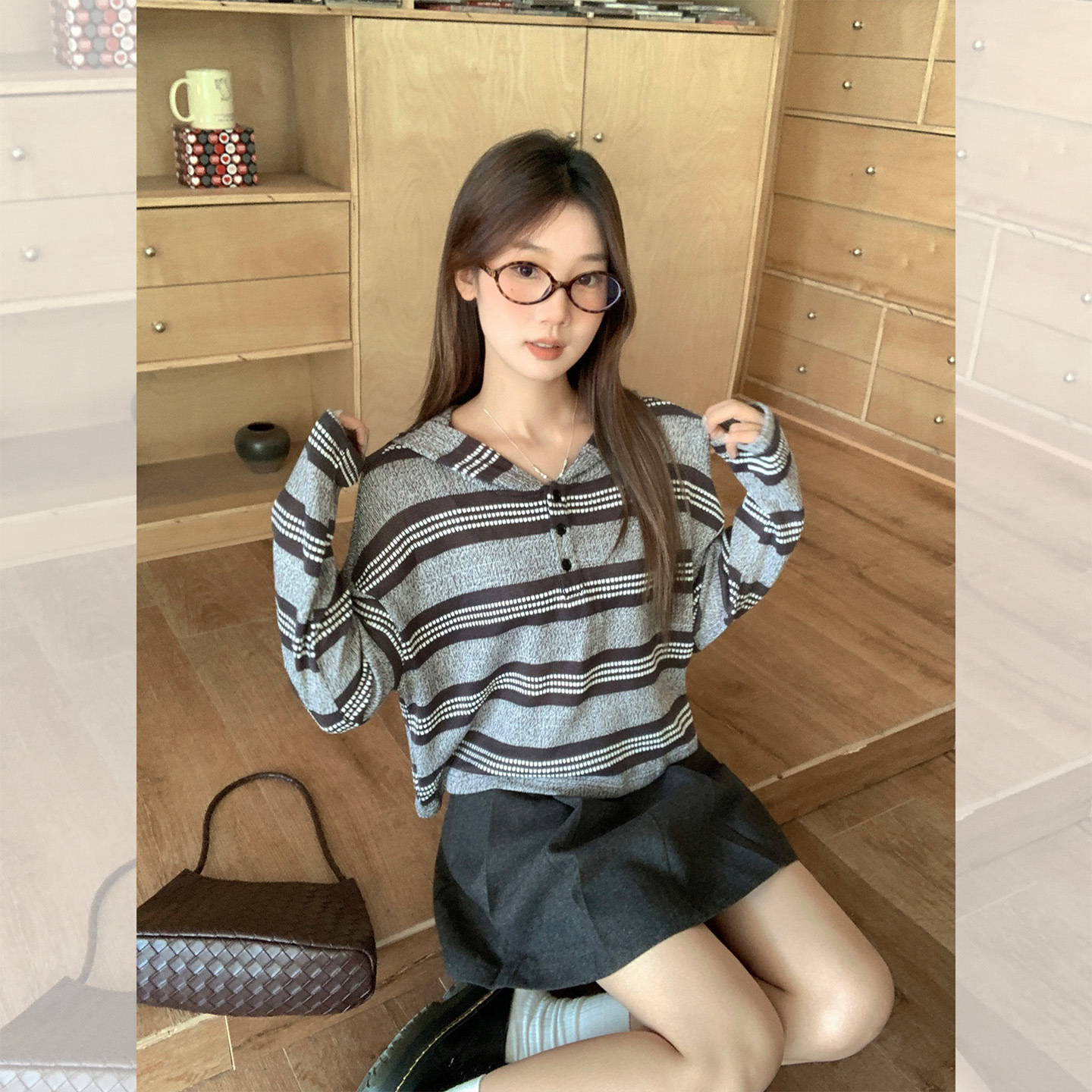fashion women striped tops blouse咖色感连帽纽扣内搭针织衫女