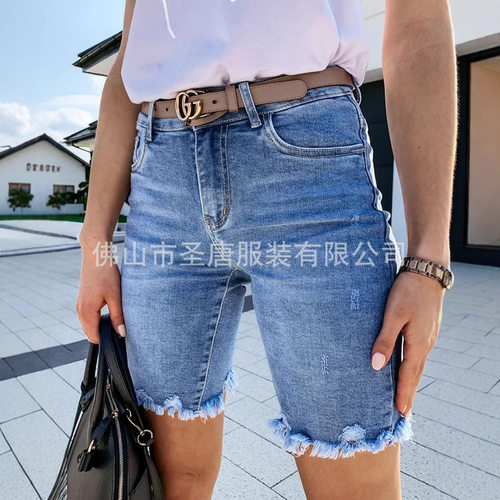 大码牛仔短裤毛边中裤骑行裤