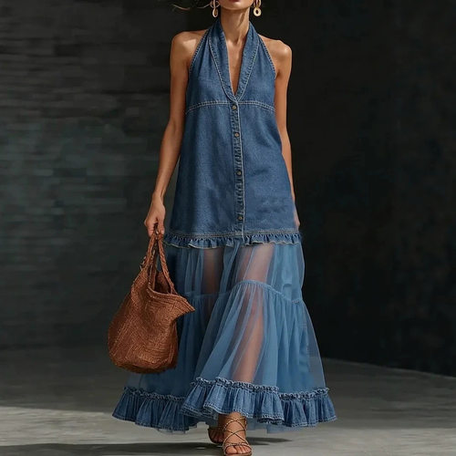 Womens Commute Dress Vintage Denim V-neck Pleated Maxi Dress