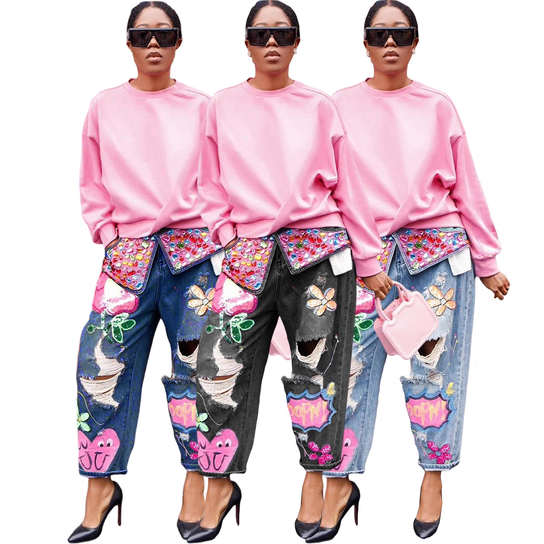 Womens baggy jeans Printed Stylish新品时尚烫钻定位割破牛仔裤