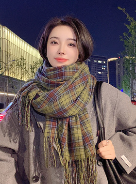 women scarf绿色韩版感格子围巾秋冬季学生情侣百搭千鸟格保暖