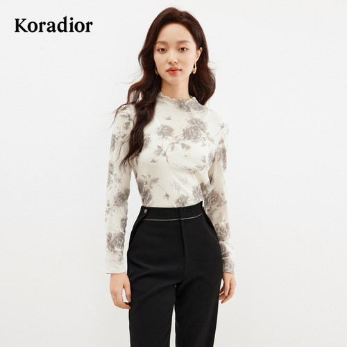 珂莱蒂尔outlets女装年春碎花修身型扎染长袖打底衫套头衫