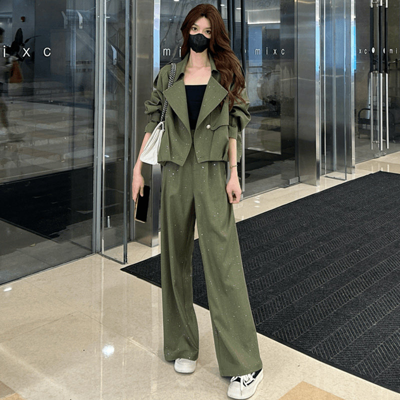 高级感时尚闪闪套装女士春秋季新款宽松短款阔腿裤气质两件套