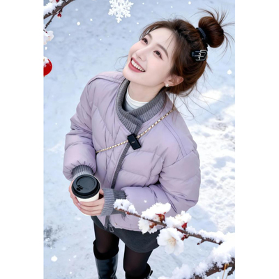 韩系独特超好看针织拼接棉衣棉服女26冬季小个子时尚气质短款外套