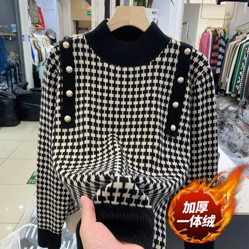 2025秋冬季新款女士毛衣加绒加厚大码衫小个子时尚洋气