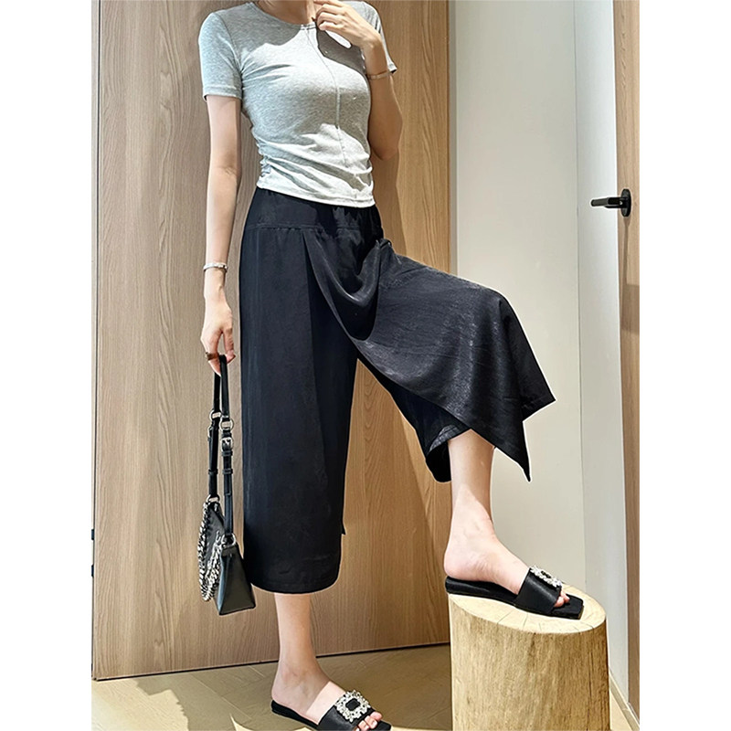 新中式垂感薄款轻丝半身裤裙女夏季小个子宽松休闲八分阔腿裤