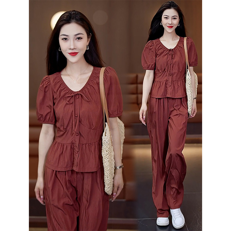 时尚套装女2025夏季新款设计感气质泡泡袖小衫阔腿裤两件套潮,女装/女士精品,休闲运动套装,淘宝优惠券,粉丝福利购,淘宝优惠卷