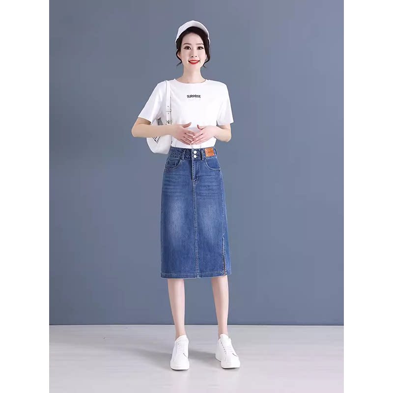 直筒牛仔过膝半身中裙女新款2025小个子春夏开叉a字包臀