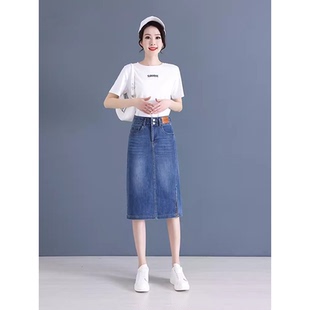 直筒牛仔过膝半身中裙女新款2025小个子春夏开叉a字包臀