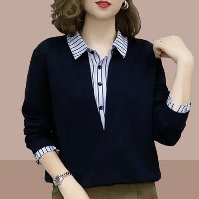 2025春秋装新款女士长袖衬衫假两件胖mm大码衬衣爆款