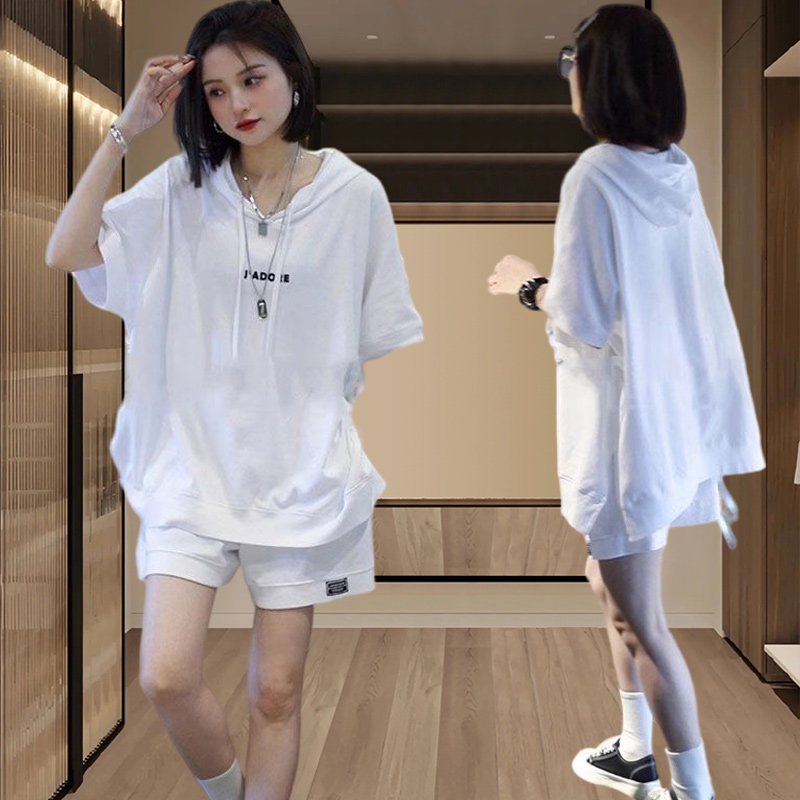 时尚运动套装女夏季宽松大码微胖休闲洋气连帽两件套