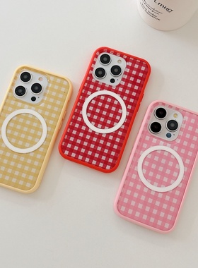 简约二合一纯色格子手机壳适用苹果16PROMAC小众磁吸壳iPhone15PRO个性防摔14PRO保护套16P