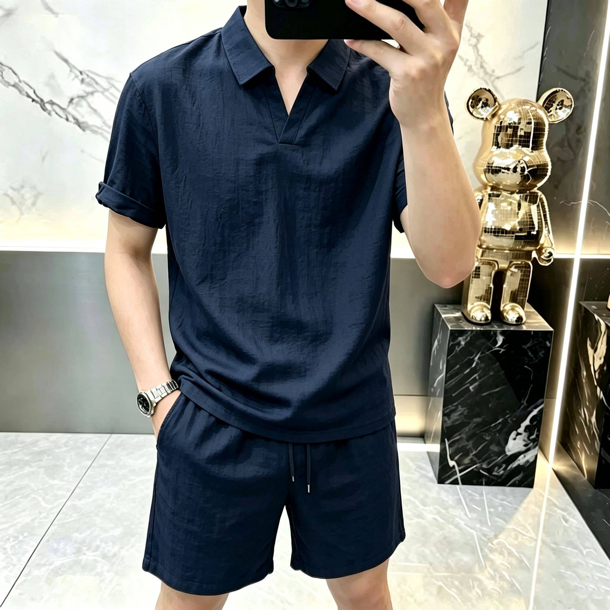 夏季老钱风男装老公一整套帅气男士夏天短裤穿搭时尚百搭休闲套装