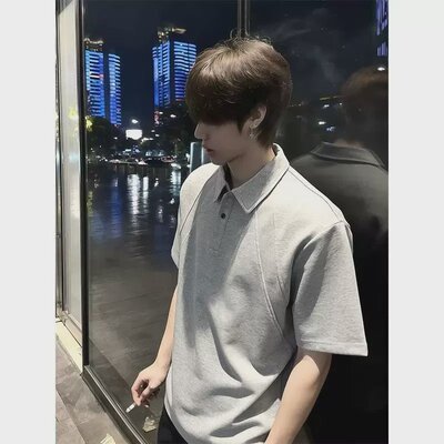 美式正肩polo衫短袖男夏季cleanfit拼接翻领t恤潮牌美式半袖
