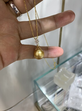 新品 完美无瑕12.75mm浓金金珠吊坠 18k天然钻石镶嵌