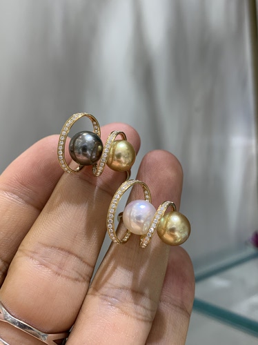 设计款！！ 澳白，金珠，大溪地双珠戒指 18k天然钻石镶嵌