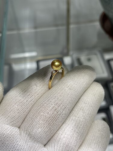 茶浓金7～8mm南洋金珠戒指 简约单钻设计 18k天然钻石镶嵌