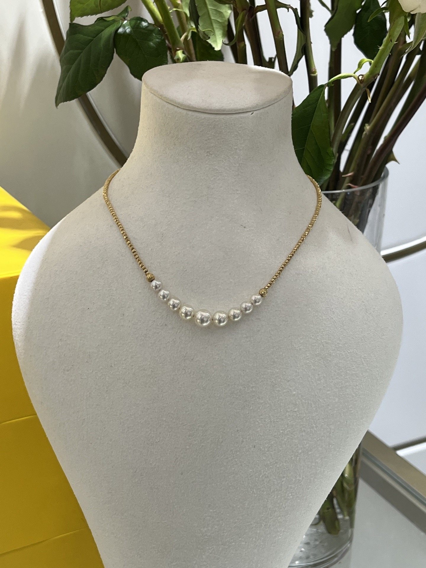 日本成品！5～8mm天女光akoya月牙项链18k金豆豆镶嵌