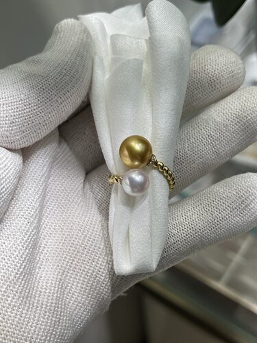 重工18k实心 无瑕9.84mm浓金8mm海水akoya 双珠款开口戒指18k