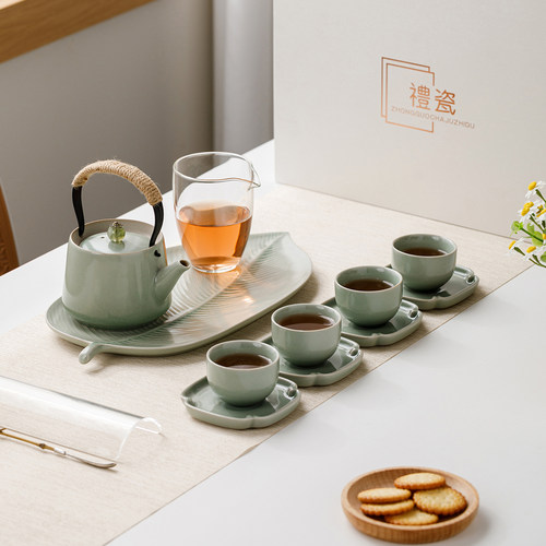 青瓷功夫茶具套装提梁壶干泡茶盘