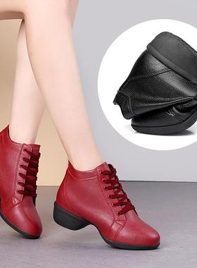 新款四季新中跟舞蹈鞋鞋成人真皮黑色广场舞鞋女水兵软底现代舞跳