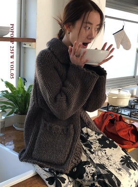 popoup25FW“奶奶的织物”定染纱线粗棒针高领日系手工毛衣开衫