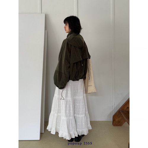 popoup25SS“花簇”绣花蕾丝拼接蛋糕半身裙