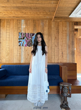 popoup25SS“栀子”纯苎麻蕾丝拼接斜分法式古董无袖连衣裙