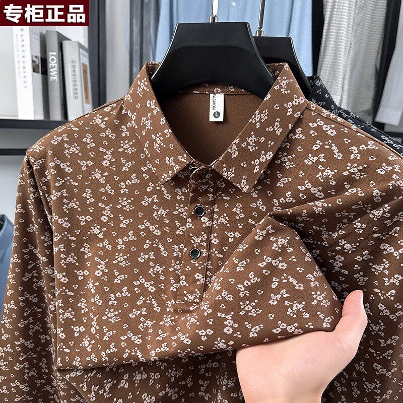 鄂尔多斯市春秋季潮流长袖花POLO衫男中年碎花爸爸装休闲衬衣时尚