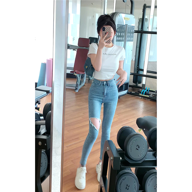 高腰显瘦紧身破洞牛仔裤女2024夏季新款韩版设计感小众休闲百搭裤