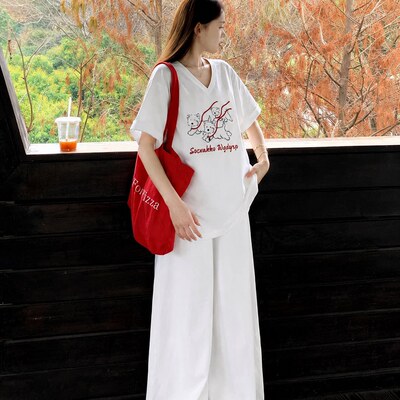 纯棉V领白色短袖T恤女夏