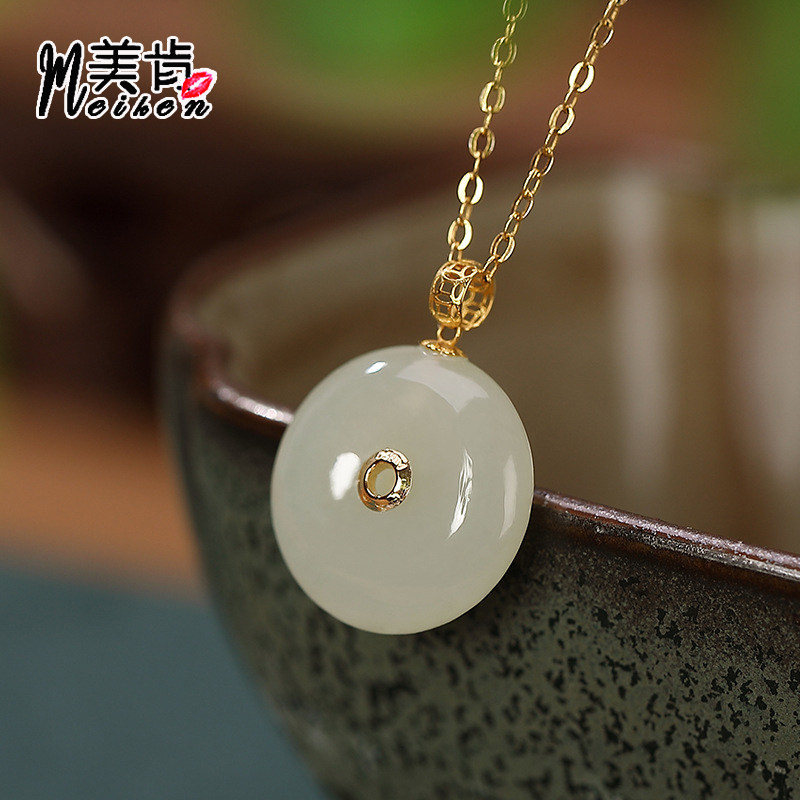 18K金镶玉平安扣吊坠女士和田玉单坠不含链简约玉石项链天然挂坠