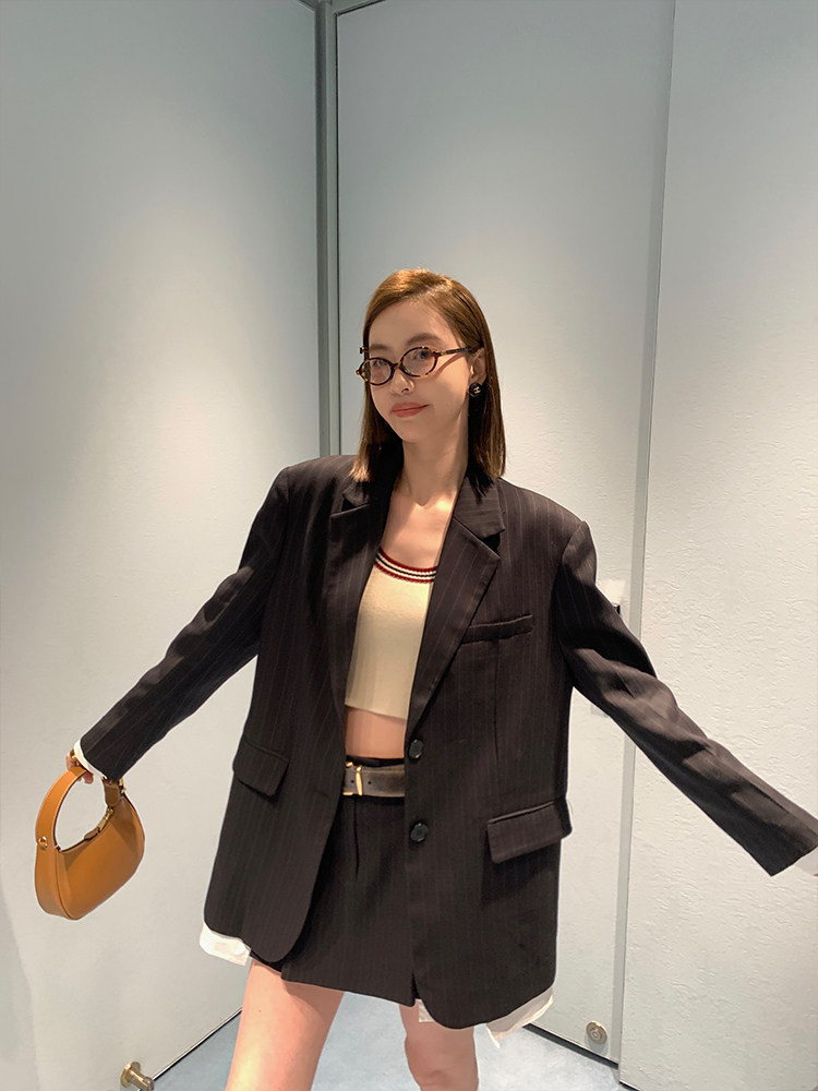 [13C]컬리지 스타일 콘트라스트 스트라이프 반팔 탑|캐미솔|플리츠 스커트 니트 3종 세트