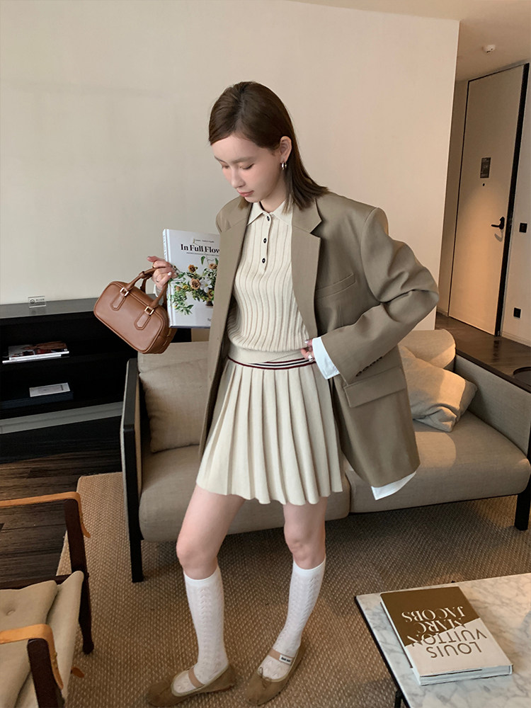 [13C]컬리지 스타일 콘트라스트 스트라이프 반팔 탑|캐미솔|플리츠 스커트 니트 3종 세트