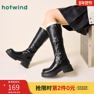 热风冬季新款女士时尚休闲靴气质百搭靴子长筒显瘦骑士靴女